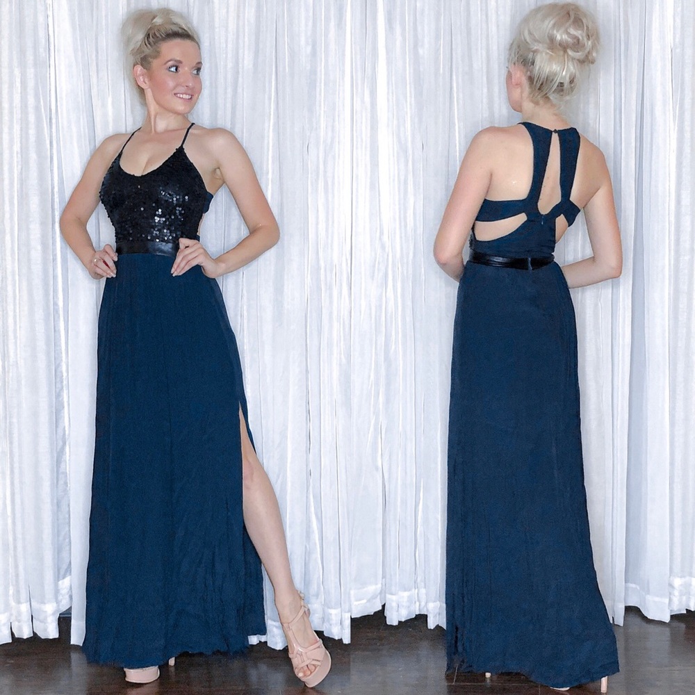 Beautiful Black Sequin & Navy Formal Maxi Dress. Astr Size S.